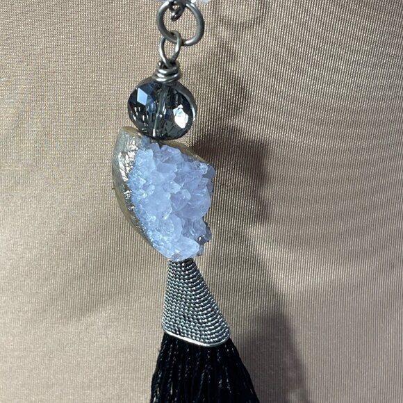Statement Necklace Long Tassel White Druzy Silver Black 23" - Picture 3 of 5